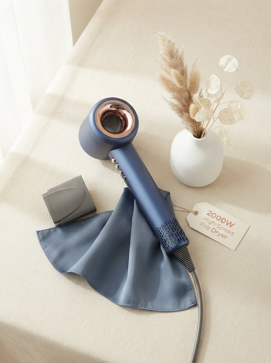 A premium high-speed hair dryer displayed on a warm cream surface with slate blue decorative fabric and minimalist florals.